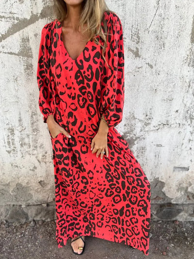 Full Size Printed V-Neck Dress with Pockets Plus Size