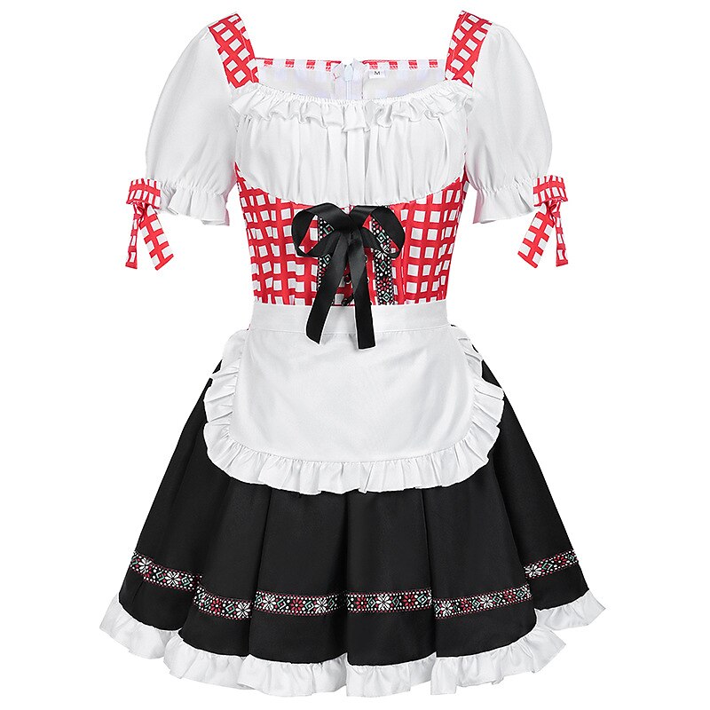 Oktoberfest Red Checkered Dirndl Dress with Apron and Blouse