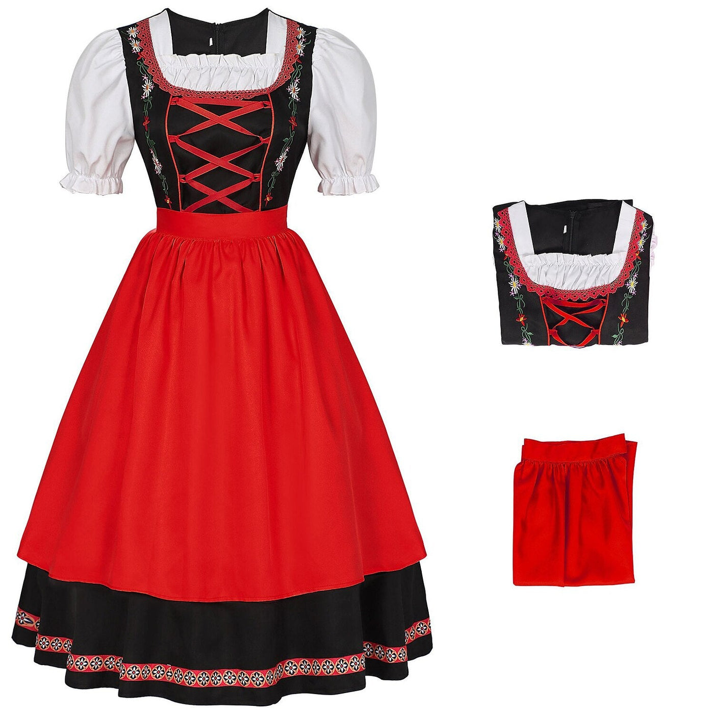 Oktoberfest Red Black Embroidered Dirndl Dress with Apron