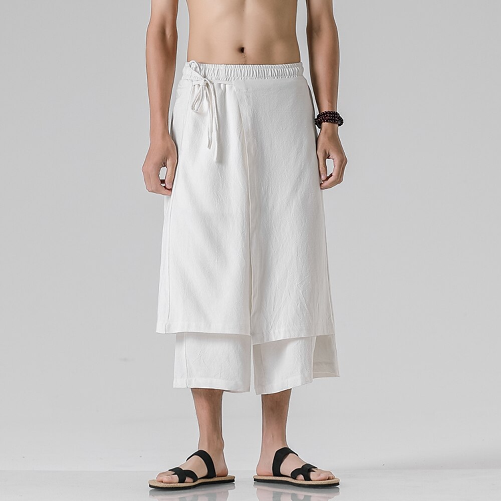 Retro Style Faux Two Piece Design Linen Pants