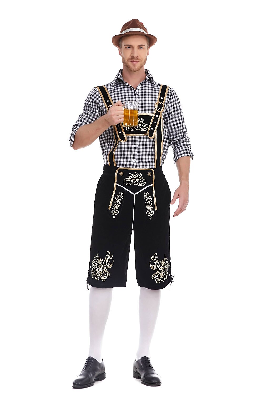 Men's Oktoberfest Costume with Embroidered Black Lederhosen, Shirt and Hat
