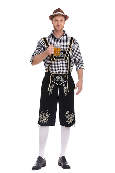 Men's Oktoberfest Costume with Embroidered Black Lederhosen, Shirt and Hat