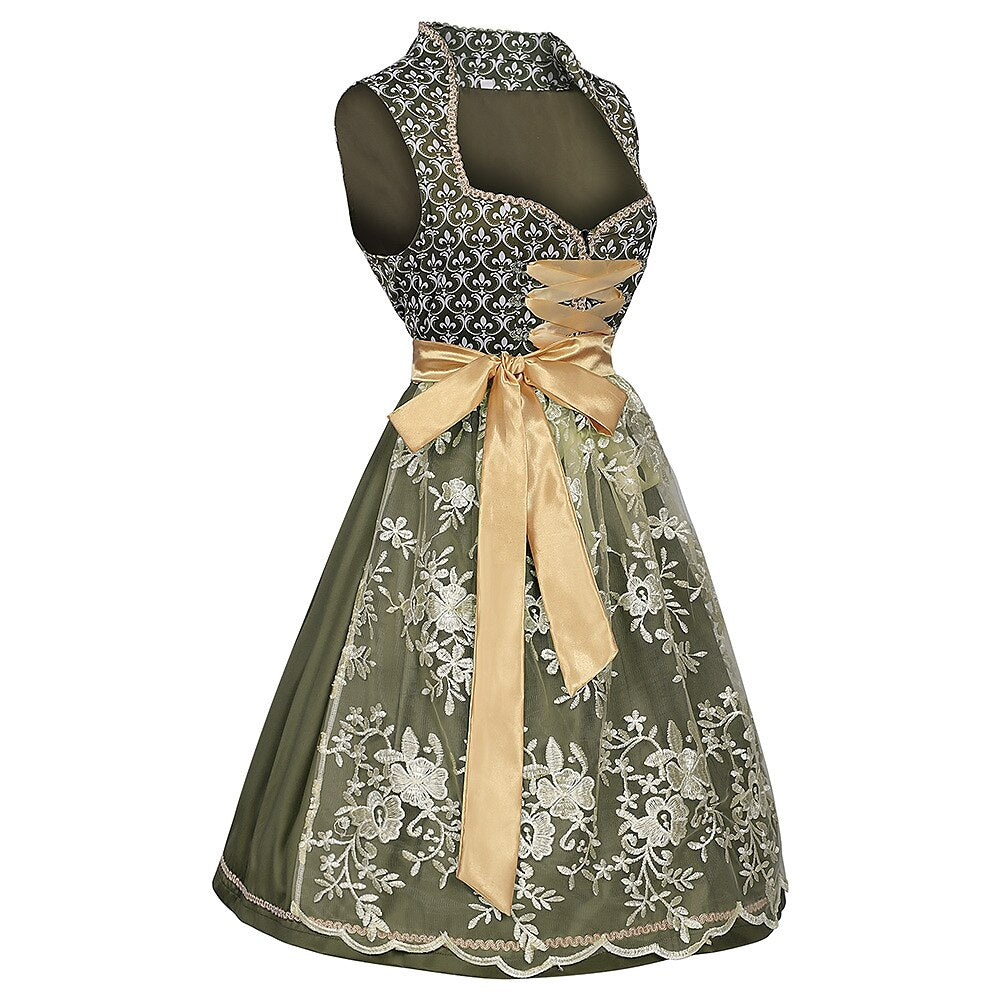 Oktoberfest Green Embroidered Dirndl Dress with Apron