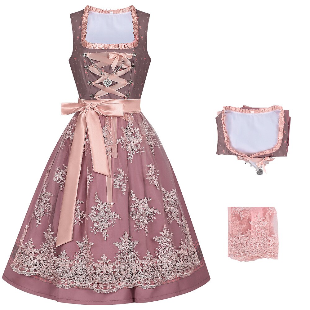 Oktoberfest Embroidery Dirndl Costume with Lace Apron
