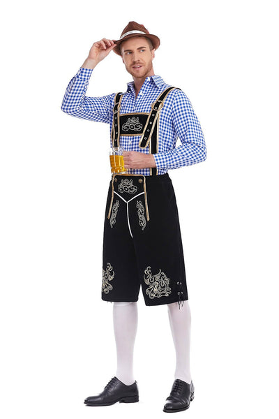 Men's Oktoberfest Costume with Embroidered Black Lederhosen, Shirt and Hat