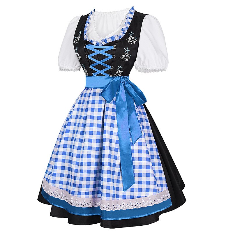 Oktoberfest Embroidered Dirndl Dress with Checkered Apron and Blouse