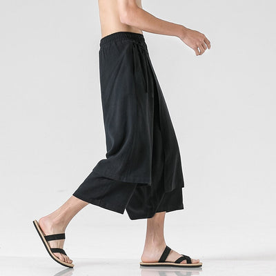 Retro Style Faux Two Piece Design Linen Pants