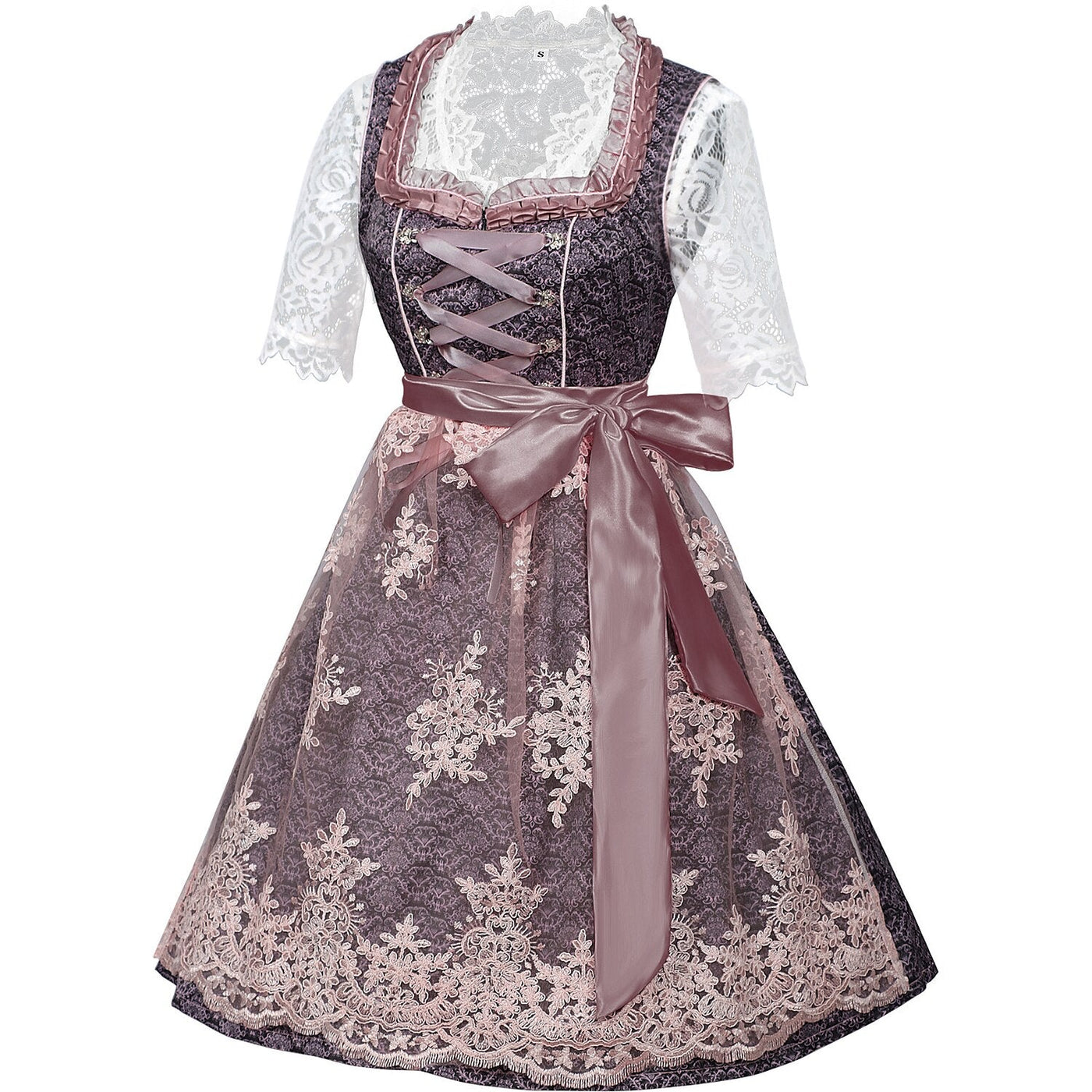 Oktoberfest Purple Embroidered Dirndl Dress with Lace Apron and Blouse