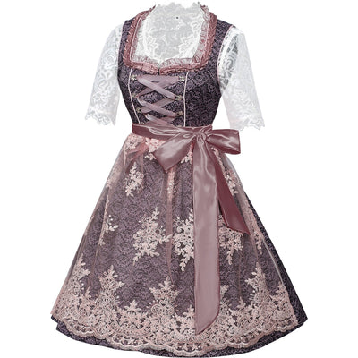 Oktoberfest Purple Embroidered Dirndl Dress with Lace Apron and Blouse