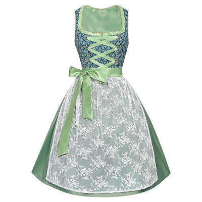 Oktoberfest Green Embroidered Dirndl Dress with Lace Apron