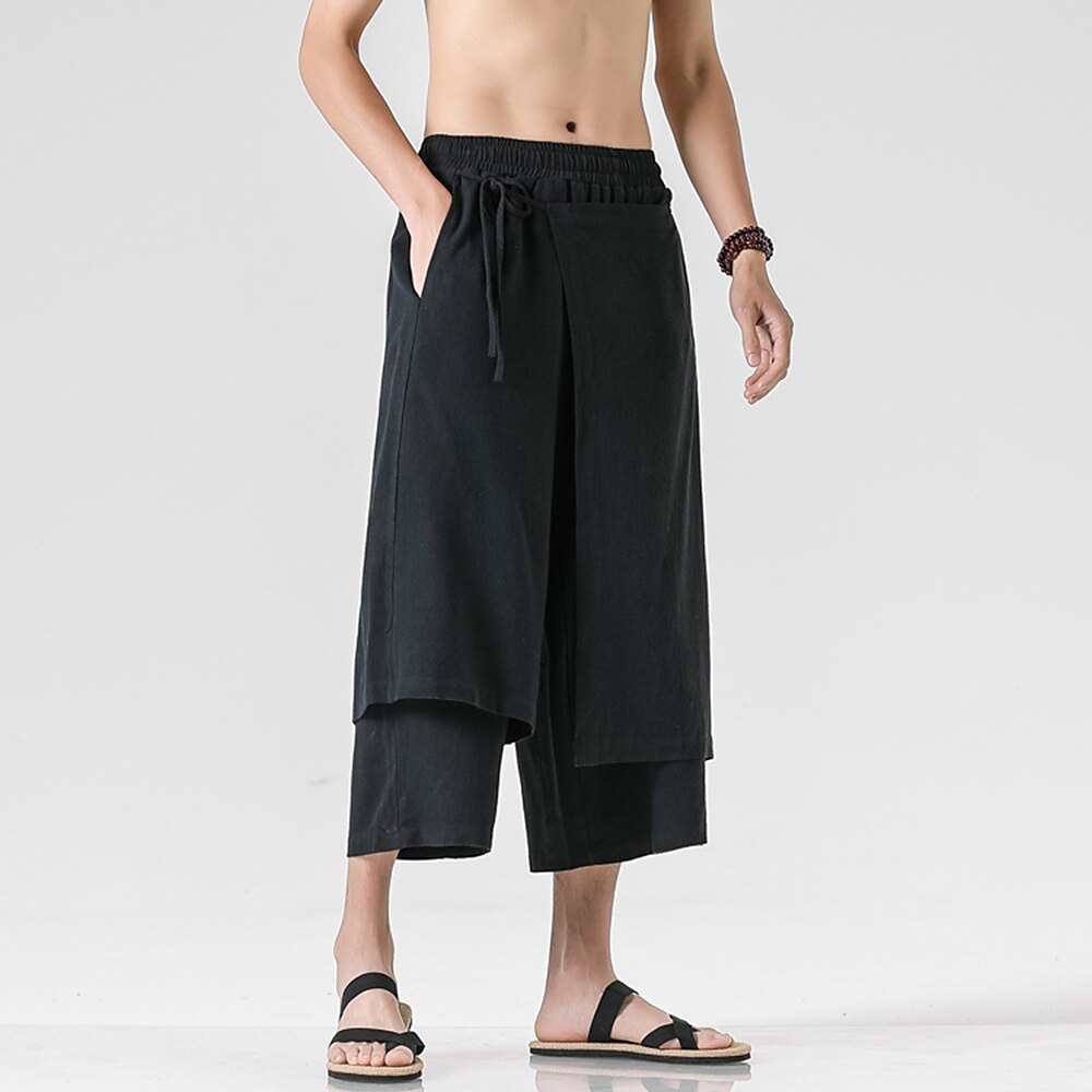 Retro Style Faux Two Piece Design Linen Pants