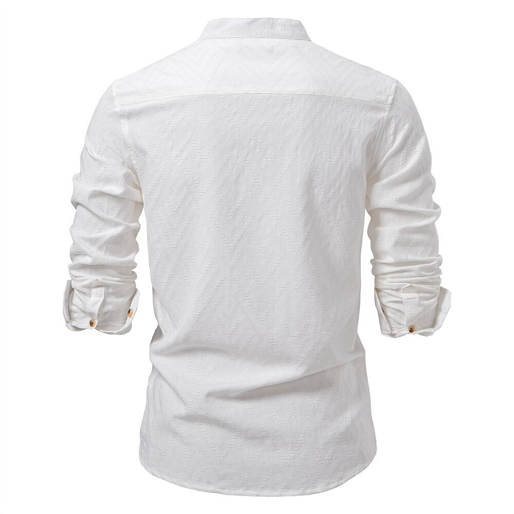 Medieval Style Textured Band Collar Tunic Shirt