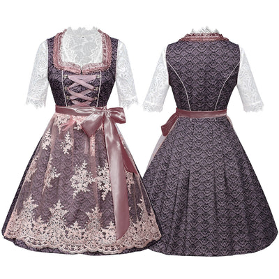 Oktoberfest Purple Embroidered Dirndl Dress with Lace Apron and Blouse