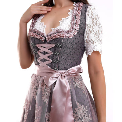 Oktoberfest Purple Embroidered Dirndl Dress with Lace Apron and Blouse
