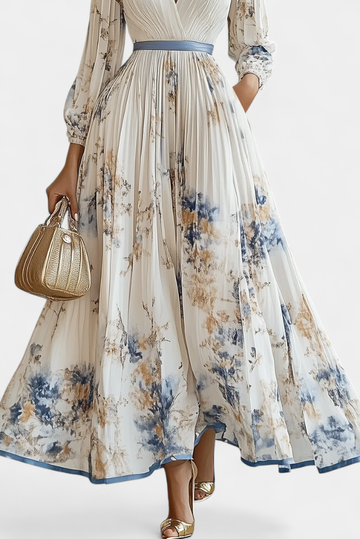 Phaedra Langes Plissiertes Chiffonkleid mit Puffärmeln