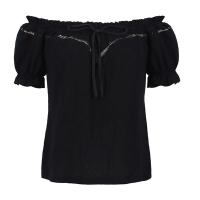 Renaissance Crew Neck Off Shoulder Lace-up Tops
