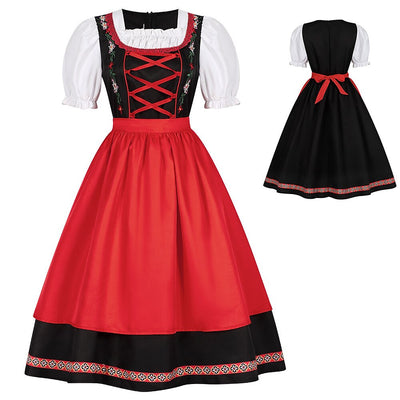 Oktoberfest Red Black Embroidered Dirndl Dress with Apron