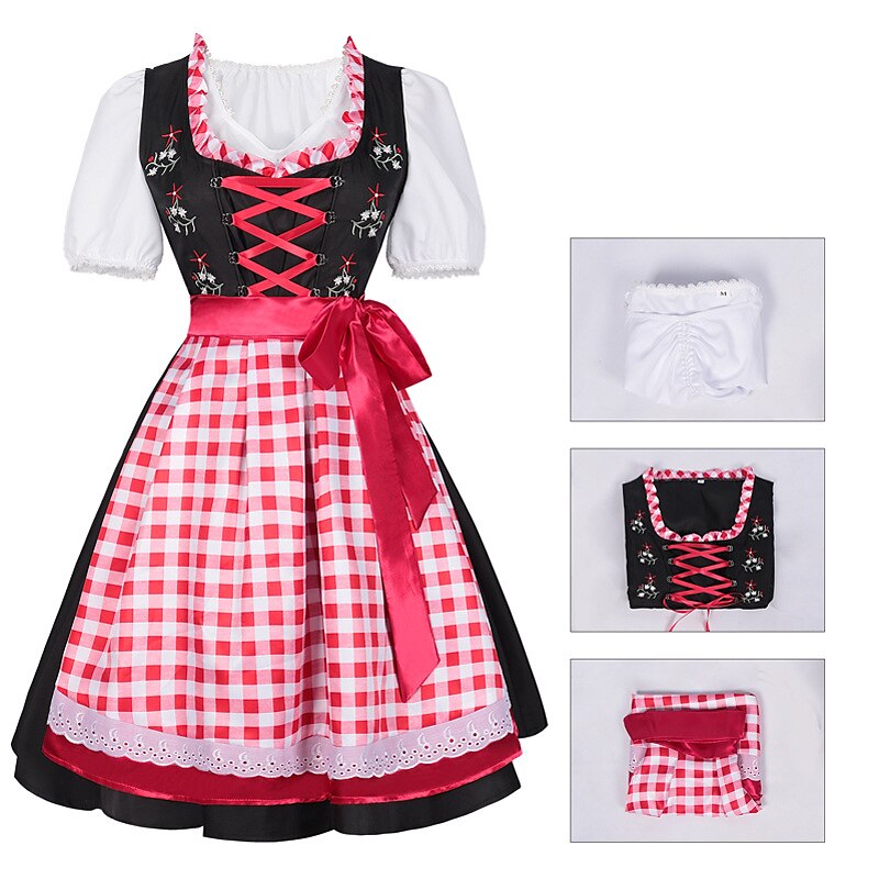 Oktoberfest Gingham Floral Dirndl Dress Set with Apron and Blouse