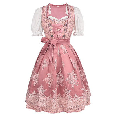 Oktoberfest Pink Dirndl Dress with Embroidered Apron and Blouse