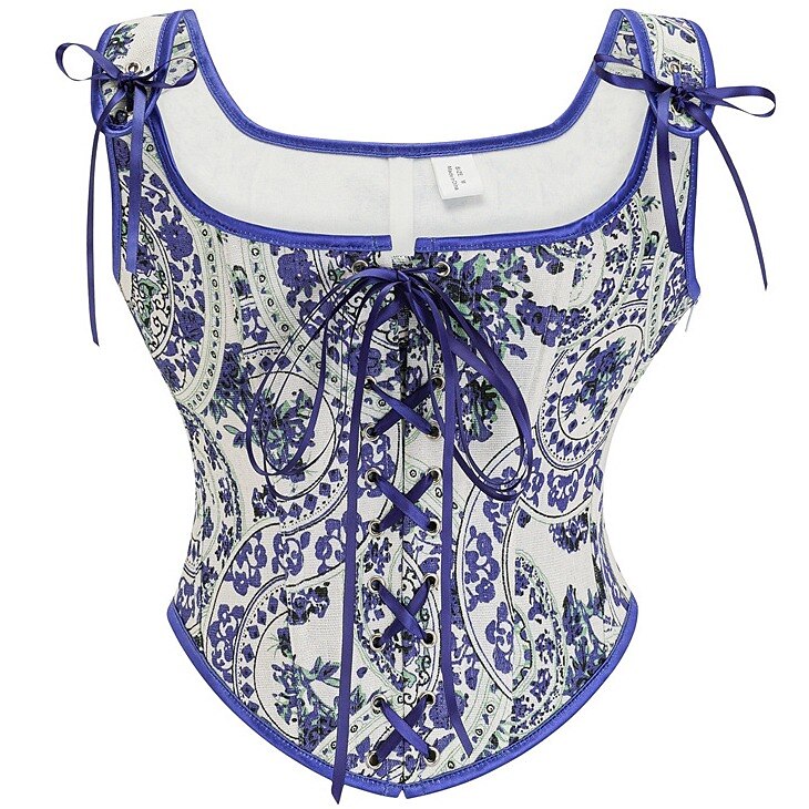 Paisley Floral Lace-Up Front U-Back Corset Top
