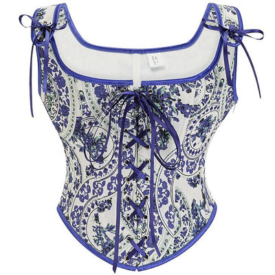 Floral Blue Brocade Lace-up Front Corset Vest