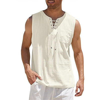 Medieval Pirate Style Linen Cotton Blend Drawstring Shirt