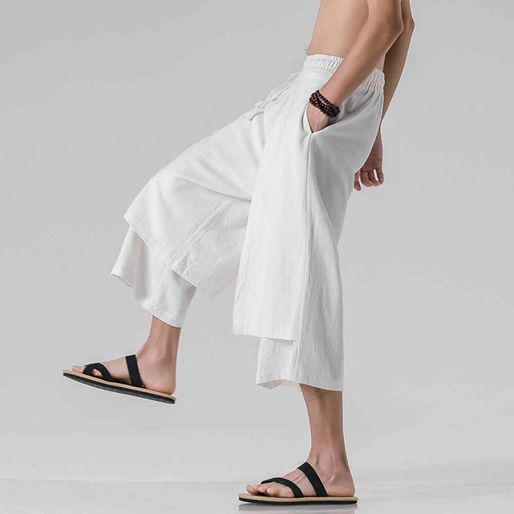 Retro Style Faux Two Piece Design Linen Pants