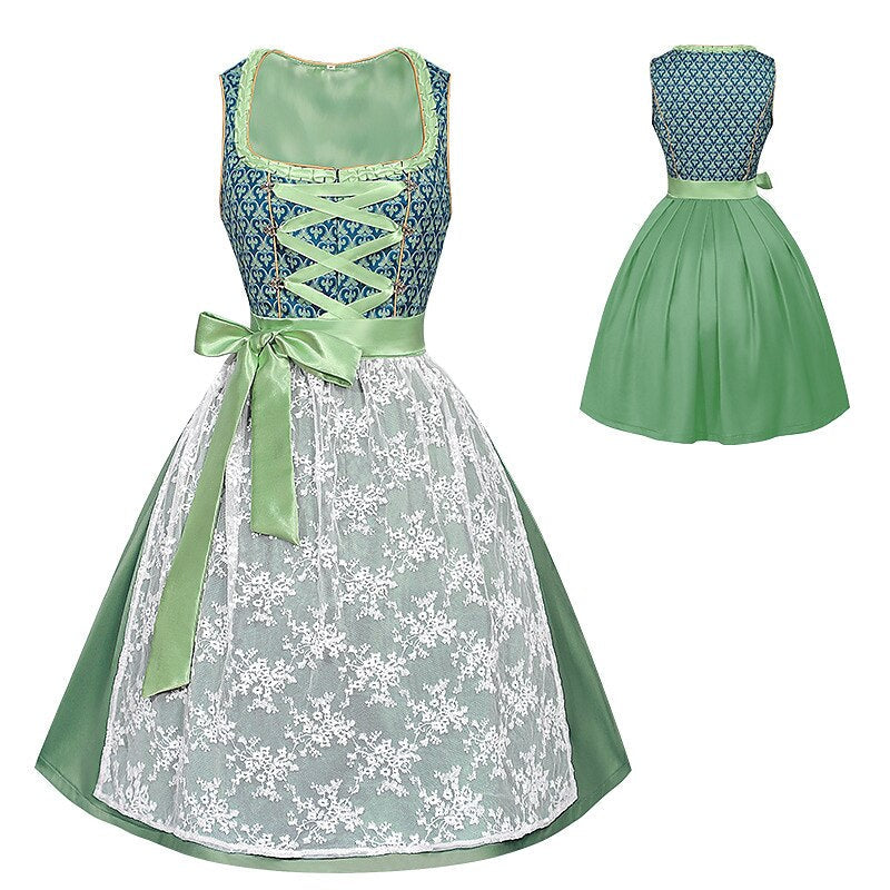 Oktoberfest Green Embroidered Dirndl Dress with Lace Apron