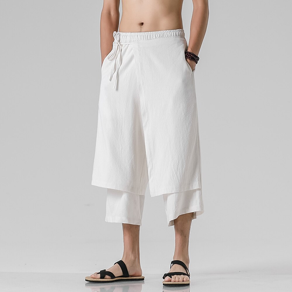 Retro Style Faux Two Piece Design Linen Pants