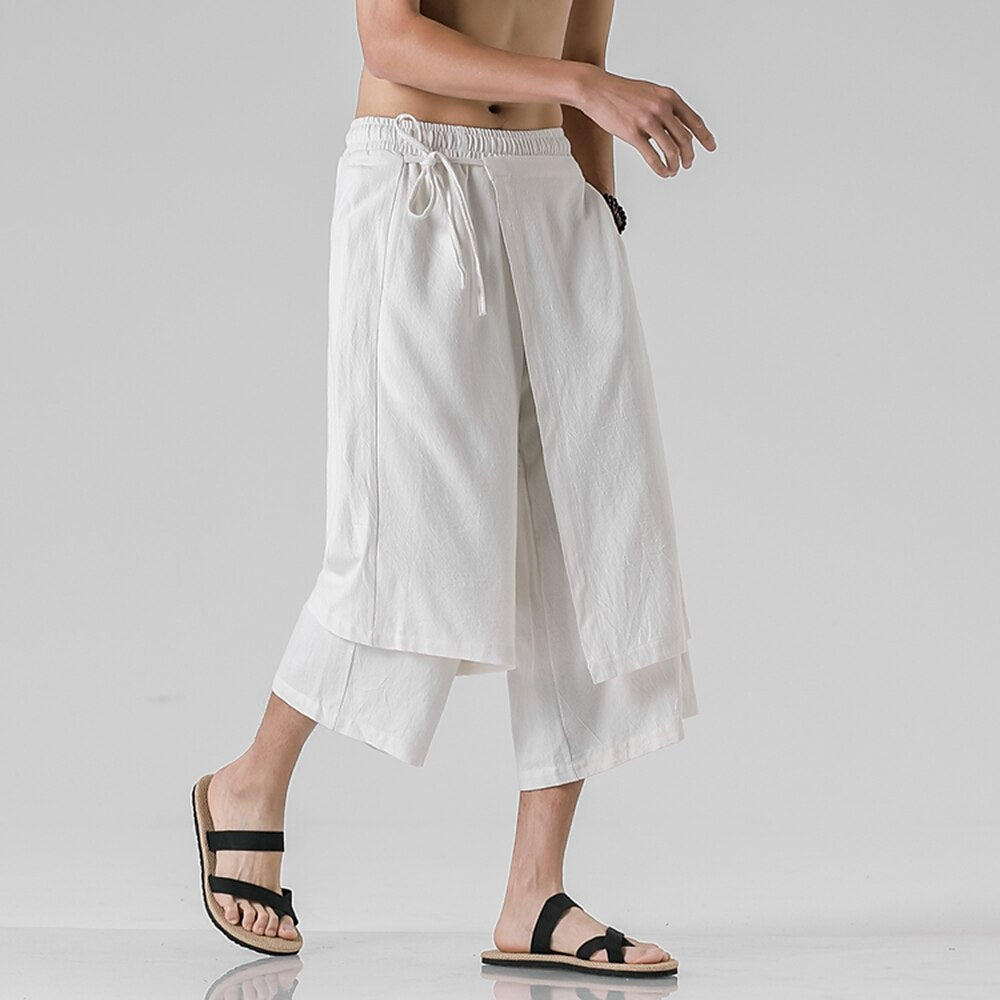 Retro Style Faux Two Piece Design Linen Pants