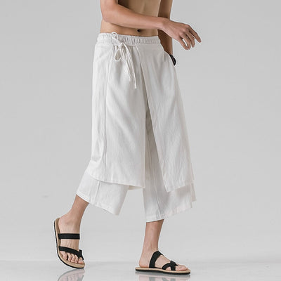 Retro Style Faux Two Piece Design Linen Pants