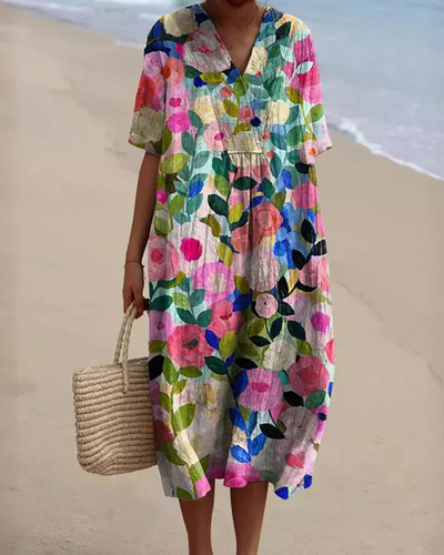 Lockeres geblümtes Sommerkleid für Damen | Midi