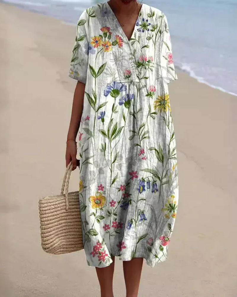 Lockeres geblümtes Sommerkleid für Damen | Midi