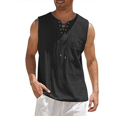 Medieval Pirate Style Linen Cotton Blend Drawstring Shirt