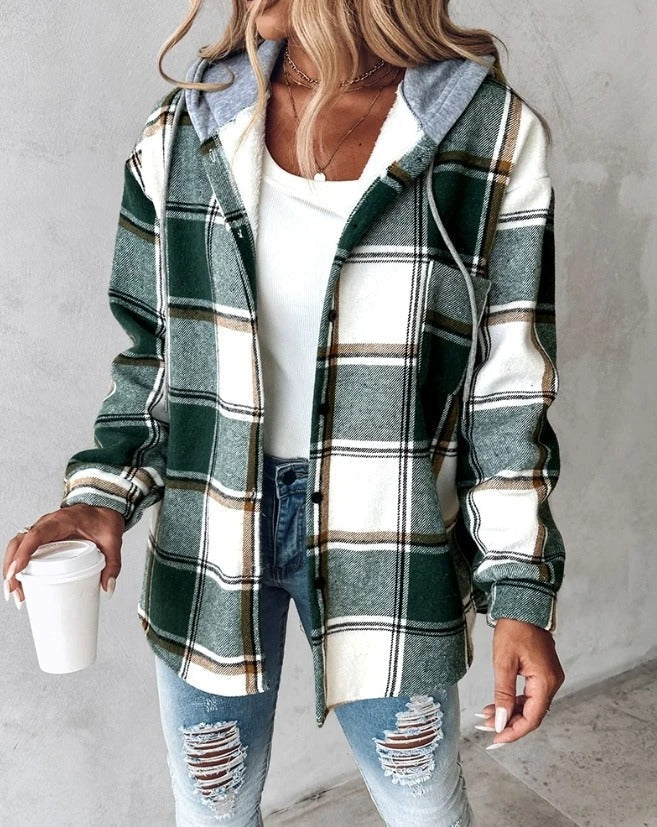 Übergangsjacke für Damen - Leichte Karojacke mit Kapuze