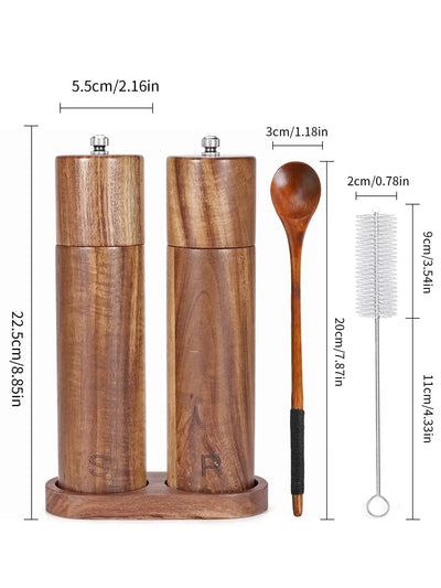 Salz- und Pfeffermühle aus Holz – Stilvolles Küchenzubehör mit Tablett & Bürste