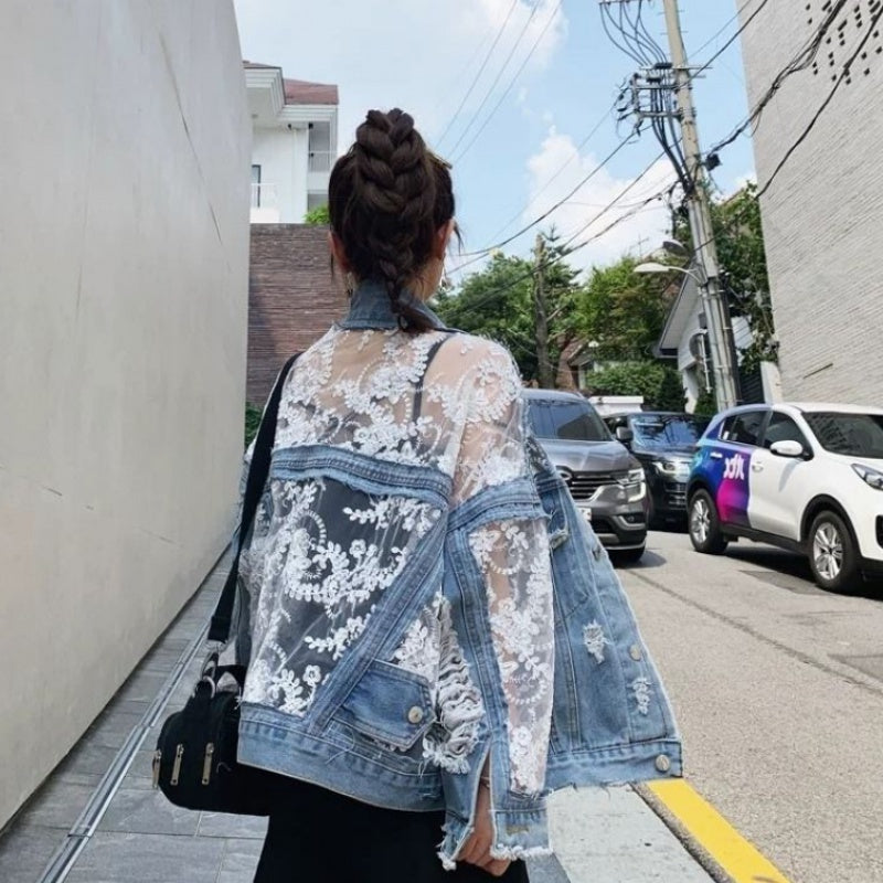 Lucia | Elegante Jeans-Strickjacke mit Blumenprint und nachhaltiger Baumwolle
