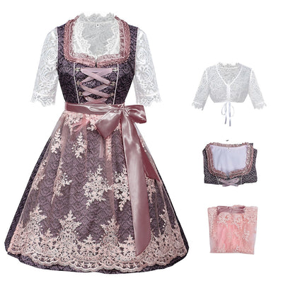 Oktoberfest Purple Embroidered Dirndl Dress with Lace Apron and Blouse