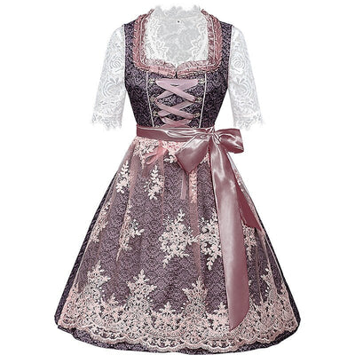 Oktoberfest Pink Embroidered Dirndl Dress with Lace Apron and Blouse