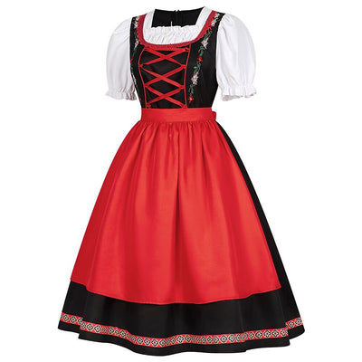 Oktoberfest Red Black Embroidered Dirndl Dress with Apron
