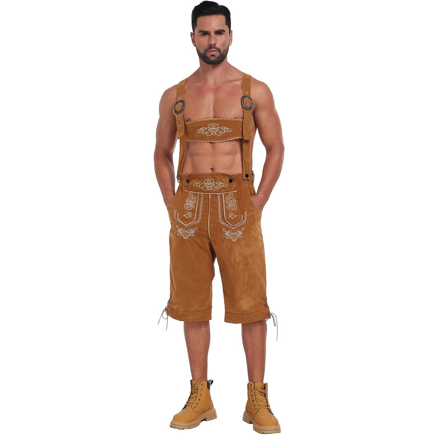 Oktoberfest Men’s Bavarian Yellow Embroidered Lederhosen