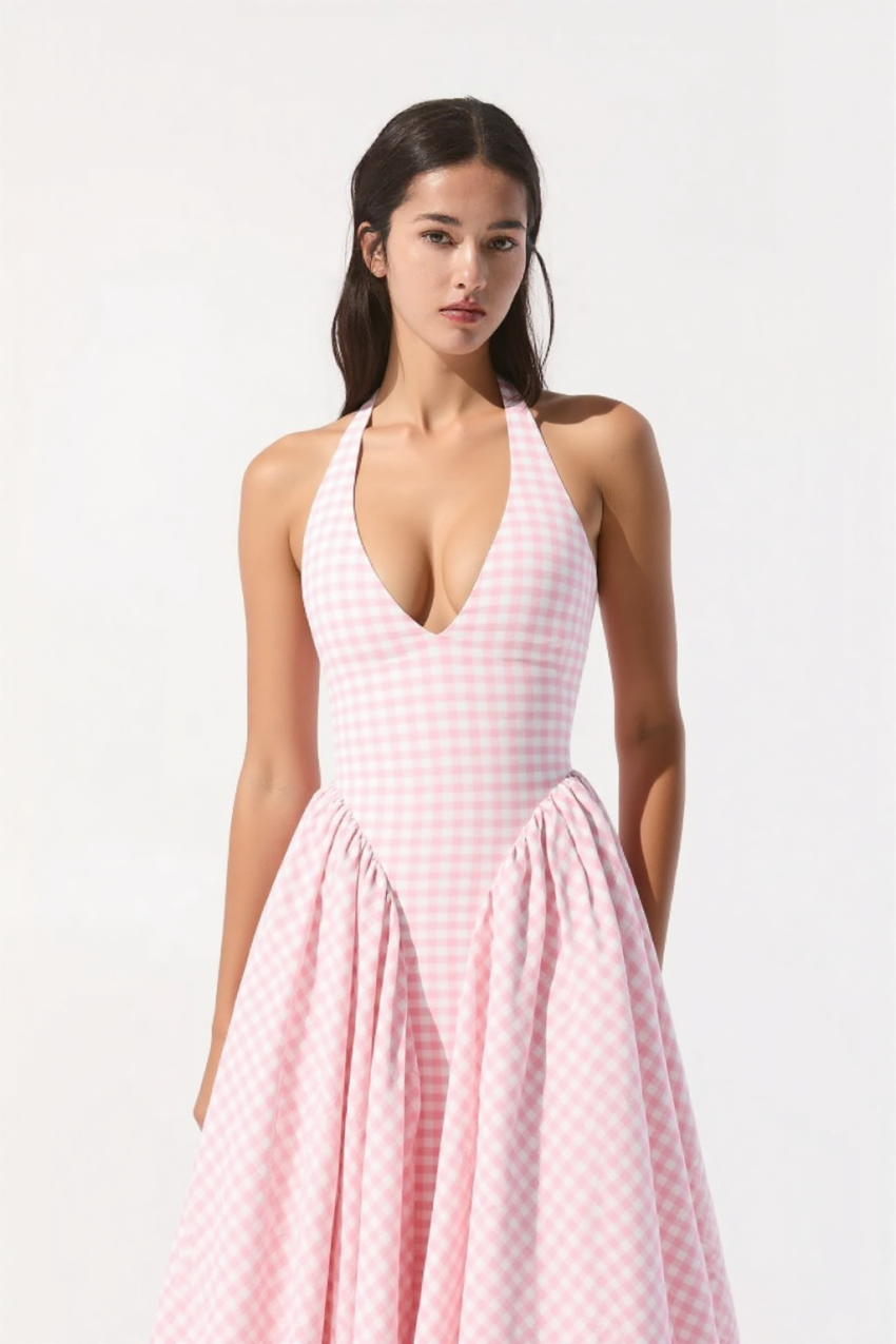 Mary | Rückenfreies Karokleid mit Halterneck