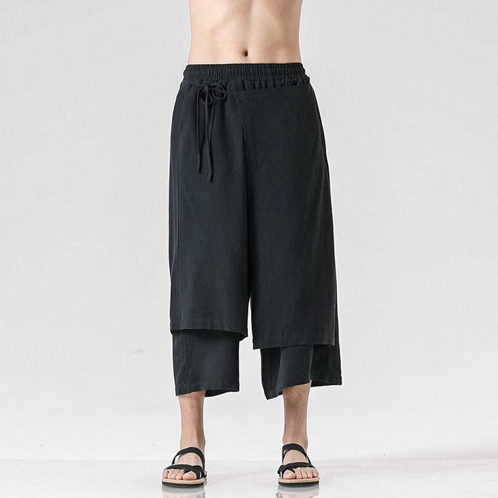 Retro Style Faux Two Piece Design Linen Pants