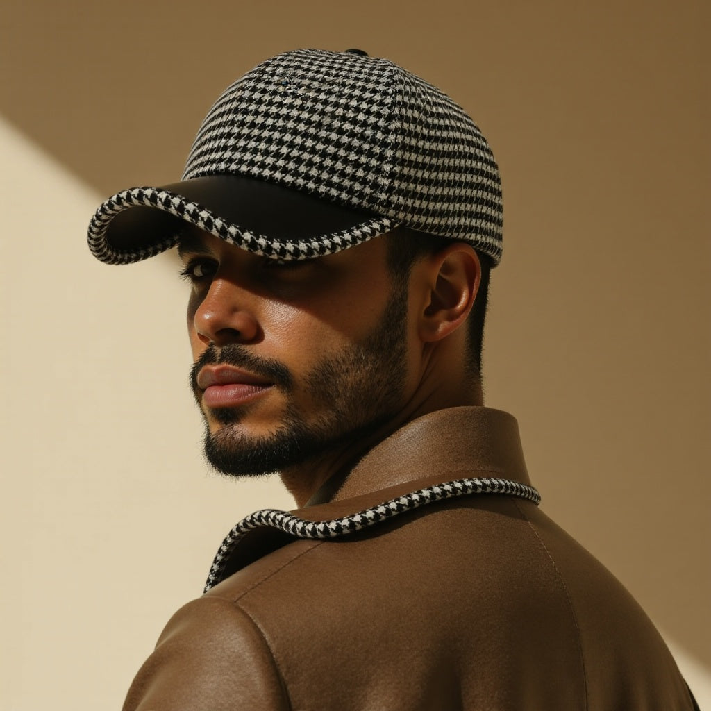 HOUNDSTOOTH LEATHER CAP