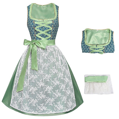 Oktoberfest Green Embroidered Dirndl Dress with Lace Apron
