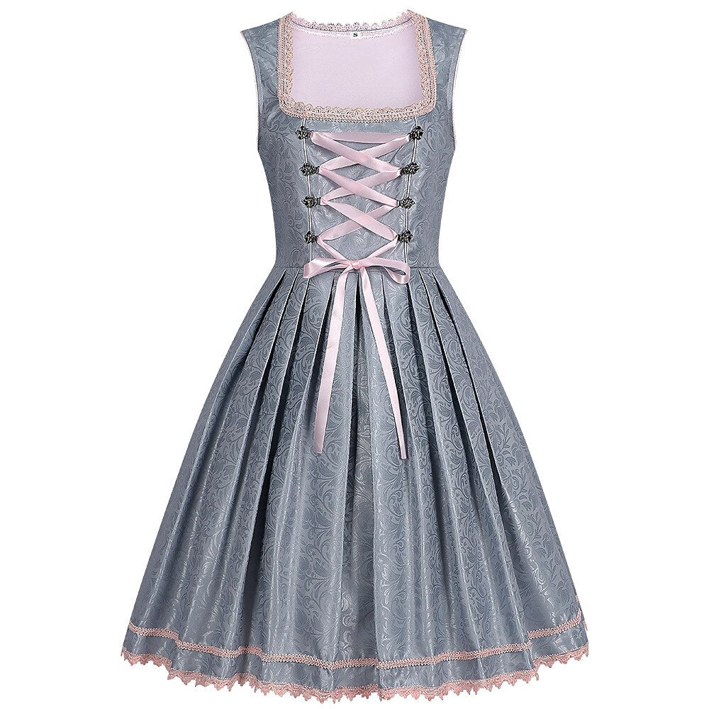 Oktoberfest Gray Dirndl Dress with Pink Lace Apron