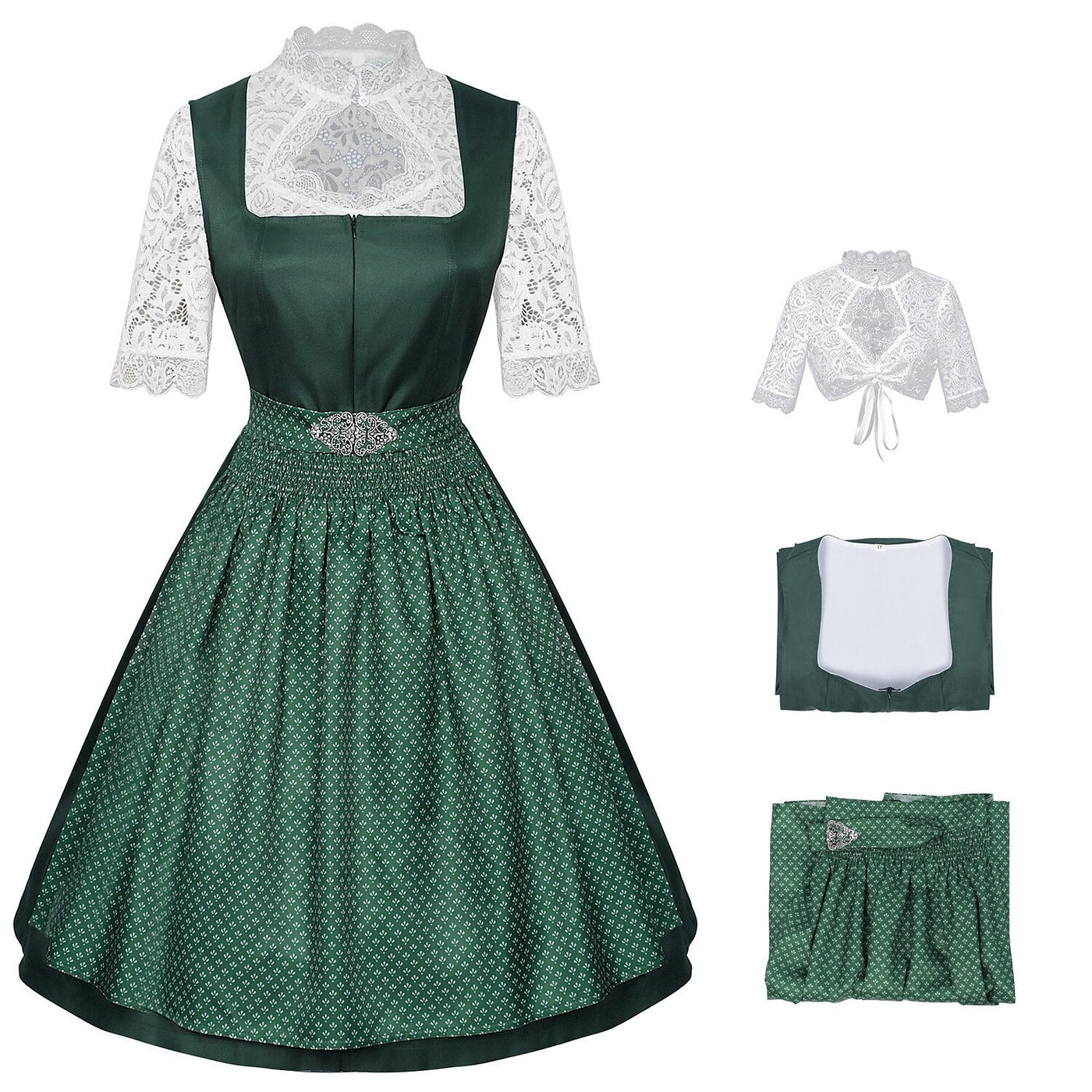 Oktoberfest Burgundy Green Blue Dirndl Dress with Apron and Blouse