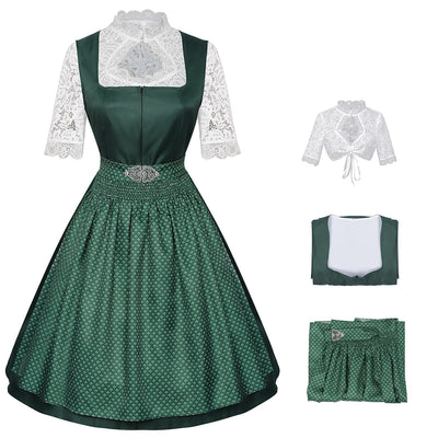 Oktoberfest Burgundy Green Blue Dirndl Dress with Apron and Blouse