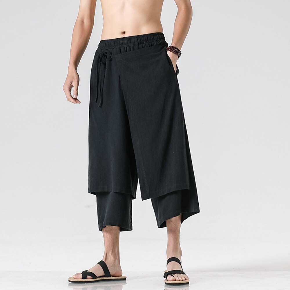 Retro Style Faux Two Piece Design Linen Pants