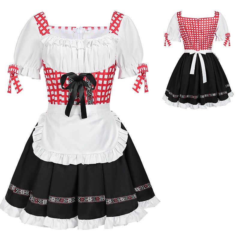 Oktoberfest Red Checkered Dirndl Dress with Apron and Blouse